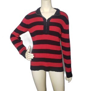 Liz Claiborne Sweater Womens Large Black Red Striped Half Zip Pullover Cotton